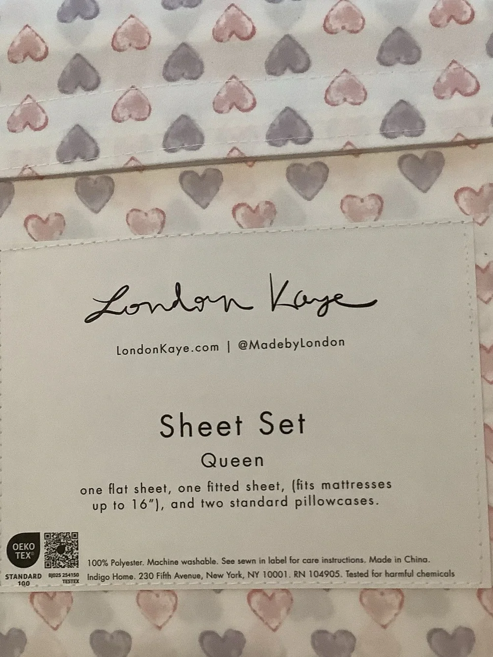 London Kaye Pink & Lavender Hearts Queen Sheet Set New
